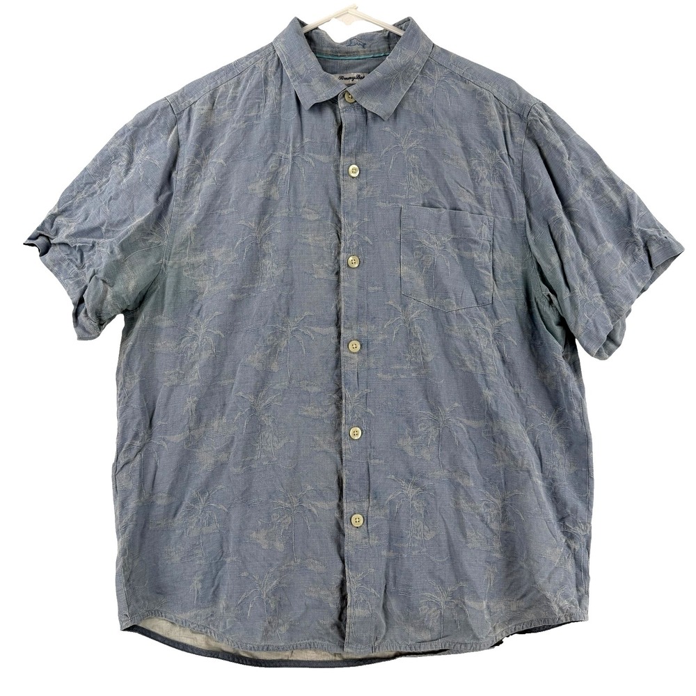 Tommy Bahama Shirt Mens Large Blue Silk Palm Tree Short Sleeve Button‎ Up Hawaii